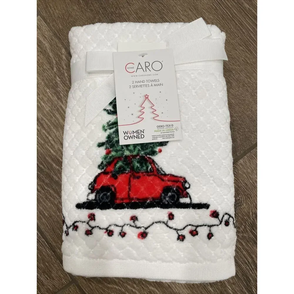 Red CAR White Christmas Tree Lights Hand Set 2 Towels VW Look Volkswagen Cotton